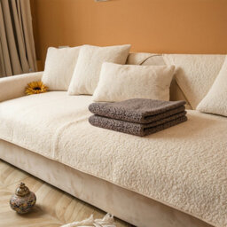 Living And Home Beige Lambswool Style Non Slip Faux Plush Sofa Cover Pack Of 1 160Cm W X 90Cm D