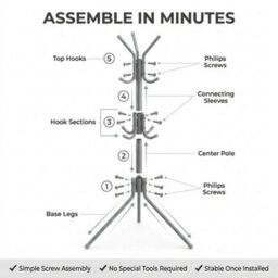 Grey Coat Rack Stand 170Cm With 12 Hooks Freestanding Steel Coat Tree For Coats, Jackets, Hats, Scarves, Bags & Umbrellas - thumbnail 2
