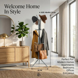 Grey Coat Rack Stand 170Cm With 12 Hooks Freestanding Steel Coat Tree For Coats, Jackets, Hats, Scarves, Bags & Umbrellas - thumbnail 3