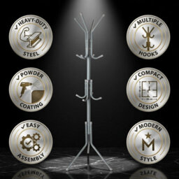 Grey Coat Rack Stand 170Cm With 12 Hooks Freestanding Steel Coat Tree For Coats, Jackets, Hats, Scarves, Bags & Umbrellas - thumbnail 4