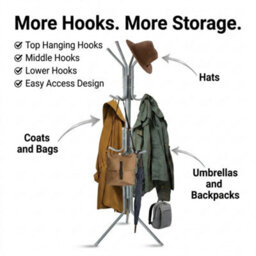 Grey Coat Rack Stand 170Cm With 12 Hooks Freestanding Steel Coat Tree For Coats, Jackets, Hats, Scarves, Bags & Umbrellas - thumbnail 6