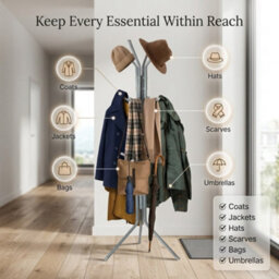 Grey Coat Rack Stand 170Cm With 12 Hooks Freestanding Steel Coat Tree For Coats, Jackets, Hats, Scarves, Bags & Umbrellas - thumbnail 7