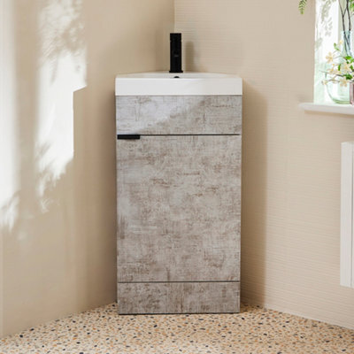 Homestylestore 450mm Concrete Grey Floorstanding Corner Bathroom Vanity Unit And Black Finger Pull Handle - image 1