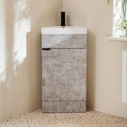 Homestylestore 450mm Concrete Grey Floorstanding Corner Bathroom Vanity Unit And Black Finger Pull Handle - thumbnail 1