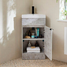 Homestylestore 450mm Concrete Grey Floorstanding Corner Bathroom Vanity Unit And Black Finger Pull Handle - thumbnail 2