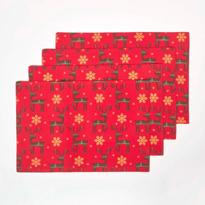 Homescapes Red Reindeer Christmas Placemats, Set Of 4 - image 1