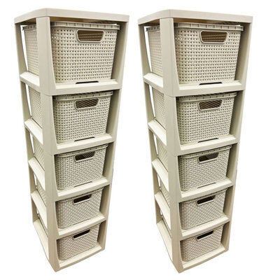 Pluto Packaging 2 X 5 Drawer Cream Stylish Rattan Effect Commode Baskets Home Office Storage Units - image 1