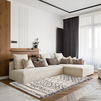 Alto Al04 Cream Grey Shaggy Geometric 50mm Thick Modern Luxurious Rug For Bedroom, Living Room By Asiatic-80Cm X 240Cm - image 1