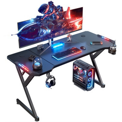 Precision Synergie 160Cm Carbon Fiber Gaming Desk, With Led/rgb, Mouse Pad, Cup Holder, Headphone Hook, Black - image 1