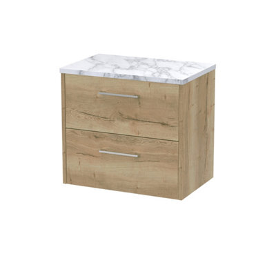 Hudson Reed Juno Wall Hung 2 Soft Close Drawer Vanity Unit With Laminate Worktop And Handles In Autumn Oak Finish, 600mm - image 1