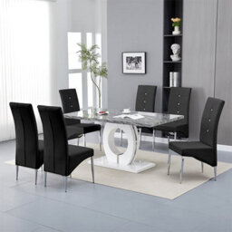 Furniture in Fashion Halo Melange Marble Effect Dining Table 6 Vesta Black Chairs