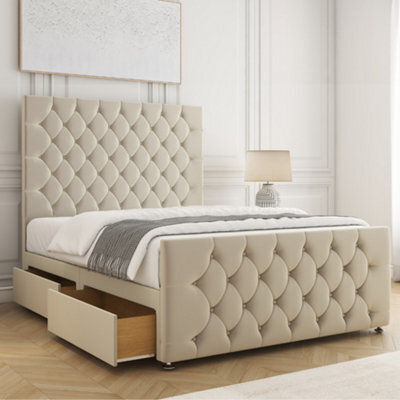 Bsspoke Maya Divan Bed Set In Cream Velvet With 54Inch Headboard & 20Inch Footboard & 4 Drawers & Mattress In All Sizes - image 1