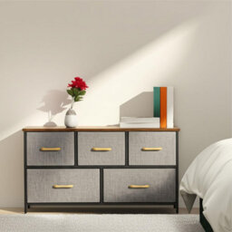 Chest Of Drawers With 5 Fabric Drawers Wood Top And Metal Frame Modern Bedroom Or Hallway Storage Unit Brown Top - thumbnail 2