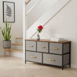 Chest Of Drawers With 5 Fabric Drawers Wood Top And Metal Frame Modern Bedroom Or Hallway Storage Unit Brown Top - thumbnail 5