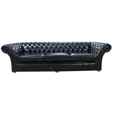 Chesterfield 4 Seater Old English Black Leather Sofa Settee In Balmoral Style - image 1