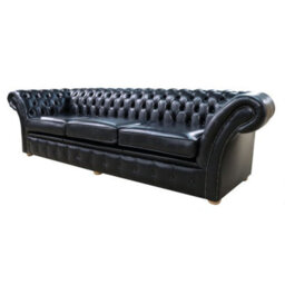 Chesterfield 4 Seater Old English Black Leather Sofa Settee In Balmoral Style - thumbnail 3