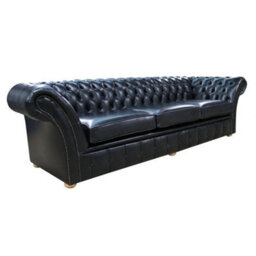 Chesterfield 4 Seater Old English Black Leather Sofa Settee In Balmoral Style - thumbnail 2