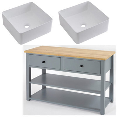 Homestylestore 1215mm Light Grey And Oak Bathroom Vanity Unit With Square Countertop Basins And Black Round Handles - image 1