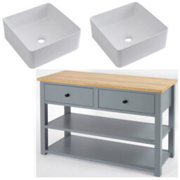 Homestylestore 1215mm Light Grey And Oak Bathroom Vanity Unit With Square Countertop Basins And Black Round Handles - thumbnail 1