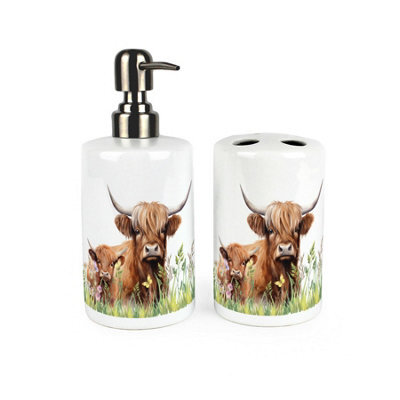 Purely Home Highland Cow & Calf Bathroom Set - Refillable Ceramic Soap Dispenser & Toothbrush Holder