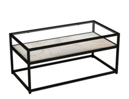 Urbn-Living Urbnliving Height 45Cm White Stone Colour Glass Display Top Coffee Table With Steel Frame Reversible Wooden Storage Shelf - thumbnail 2
