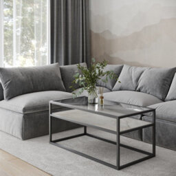 Urbn-Living Urbnliving Height 45Cm White Stone Colour Glass Display Top Coffee Table With Steel Frame Reversible Wooden Storage Shelf
