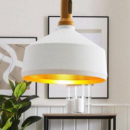Wyld And Coco White Gold Wood Aluminium Pendant Lamp Geometric Shade, Matte White Oval, Warm White Inner Finish - thumbnail 2