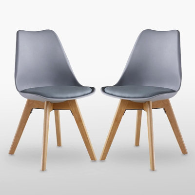 Life Interiors Set Of 2 Grey Scandinavian Dining Chairs With Leather Cushions Solid Wood Legs - image 1