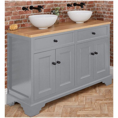 Homestylestore 1210mm Light Grey And Oak Bathroom Vanity Unit With Round Countertop Basins And Black Round Handles - image 1