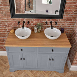 Homestylestore 1210mm Light Grey And Oak Bathroom Vanity Unit With Round Countertop Basins And Black Round Handles - thumbnail 2