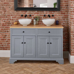 Homestylestore 1210mm Light Grey And Oak Bathroom Vanity Unit With Round Countertop Basins And Black Round Handles - thumbnail 3