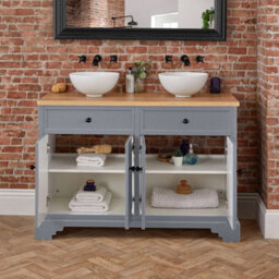 Homestylestore 1210mm Light Grey And Oak Bathroom Vanity Unit With Round Countertop Basins And Black Round Handles - thumbnail 4