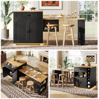 Matteo Black Extendable Kitchen Island With Dining Table, Storage & Led Light - Mdf - image 1