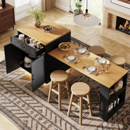 Matteo Black Extendable Kitchen Island With Dining Table, Storage & Led Light - Mdf - thumbnail 2