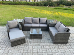 Fimous Rattan Garden Furniture 7 Piece Patio Set With Table Sofa Square Coffee Table Reclining Chair Love Seat Sofa 2 Side Tables - thumbnail 1
