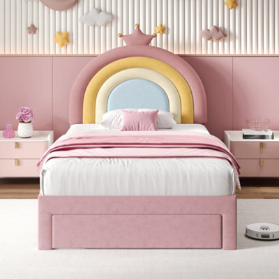 Btm Pink Velvet Single Bed 3Ft With Adjustable Rainbow Headboard And Storage Drawer Upholstered Frame Easy Assembly - image 1