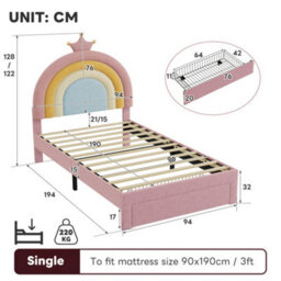 Btm Pink Velvet Single Bed 3Ft With Adjustable Rainbow Headboard And Storage Drawer Upholstered Frame Easy Assembly - thumbnail 8