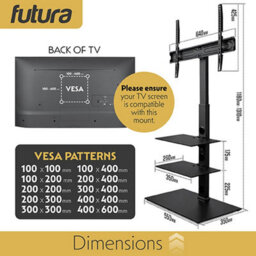 Futura Tv Floor Stand 30 To 75 Inch Height Adjustable Swivel Mount With Two Shelves Supports 40Kg - thumbnail 6