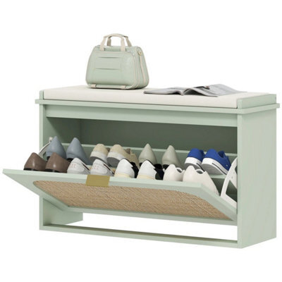 Boho Shoe Bench With Padded Seat And Flip-Drawer, Light Green - image 1