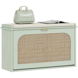 Boho Shoe Bench With Padded Seat And Flip-Drawer, Light Green - thumbnail 3