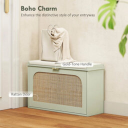 Boho Shoe Bench With Padded Seat And Flip-Drawer, Light Green - thumbnail 4