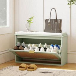 Boho Shoe Bench With Padded Seat And Flip-Drawer, Light Green - thumbnail 6