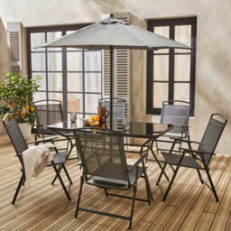 Sweeek - 6-Seater Metal Dining Set With Foldable Chairs And Parasol Grey 140X80X71.5 Cm - Sonia - thumbnail 7