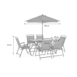 Sweeek - 6-Seater Metal Dining Set With Foldable Chairs And Parasol Grey 140X80X71.5 Cm - Sonia - thumbnail 9