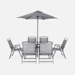 Sweeek - 6-Seater Metal Dining Set With Foldable Chairs And Parasol Grey 140X80X71.5 Cm - Sonia - thumbnail 2