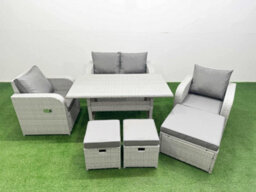 Fimous Light Grey Pe Wicker Rattan Garden Furniture Set Sofa Set Reclining Chair Rectangular Dining Table 7 Seater 3 Stools - thumbnail 1