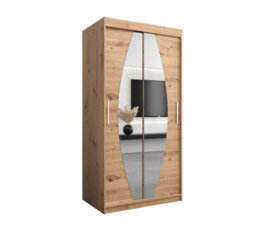Arte Elypse Contemporary 2 Mirrored Sliding Door Wardrobe 5 Shelves 2 Rails Artisan Oak Effect (H)2000mm (W)1000mm (D)620mm - thumbnail 1