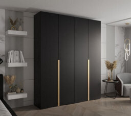 Arte Sleek Inova I Hinged Door Wardrobe H2370mm W2000mm D470mm - Modern Black Finish With Golden Vertical Metal Handles - thumbnail 2