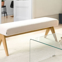 Wyld And Coco Boucle Bench, Off-White And Light Brown Upholstery With Rubberwood Legs, W118 X D46 X H48Cm - thumbnail 2