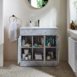 Homestylestore 810mm Concrete Grey Floorstanding Bathroom Vanity Unit And Aged Gold Finger Pull Handle - thumbnail 2